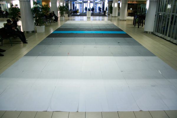 J’ m’ en suis deja souvenu (2012)Seripop covered a 17' x 55' path of floor at Complexe Guy-Favreau, Montreal, PQ, with a double sided screen print. 