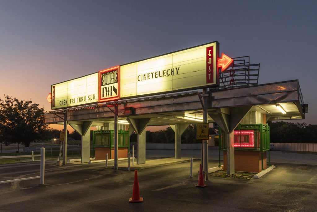 Cinetelechy screening at the Admiral Twin Drive-in Theatre in Tulsa, Oklahoma
