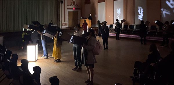 Komqwejwi’kasikl Memories Unravelling: Performance by Michelle Sylliboy with Nick Dourado, Kelvin Mansaray & Bianca Palmer, Antigonight festival, 2021, photo by Addy Strickland