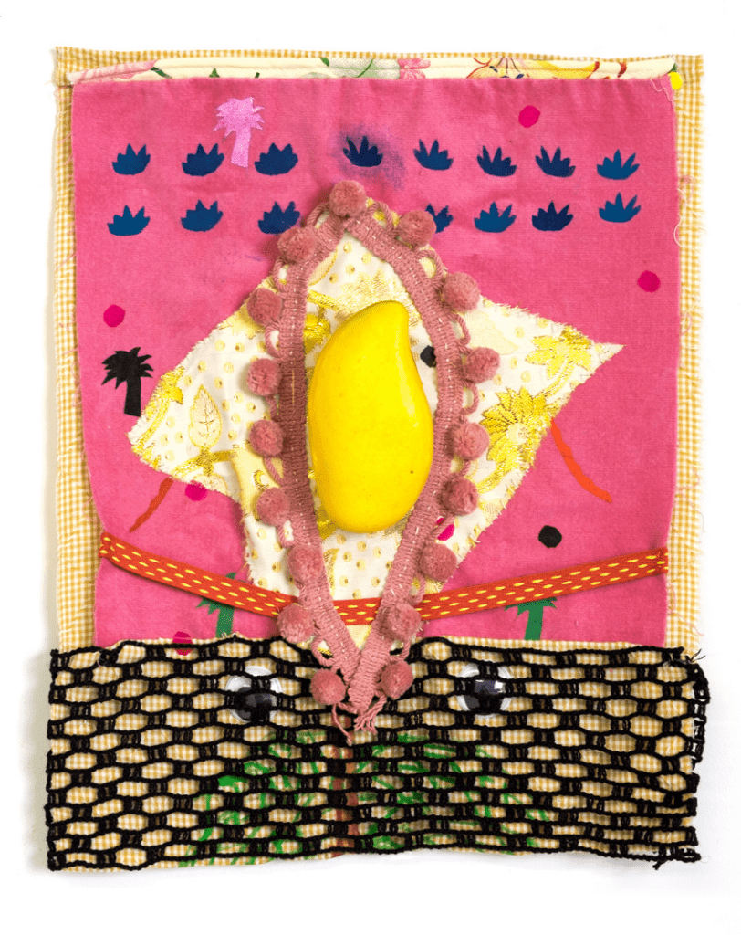 Fruitful Life, pochoir and mixed media on fabric, 13 x 16 inches, 2015.