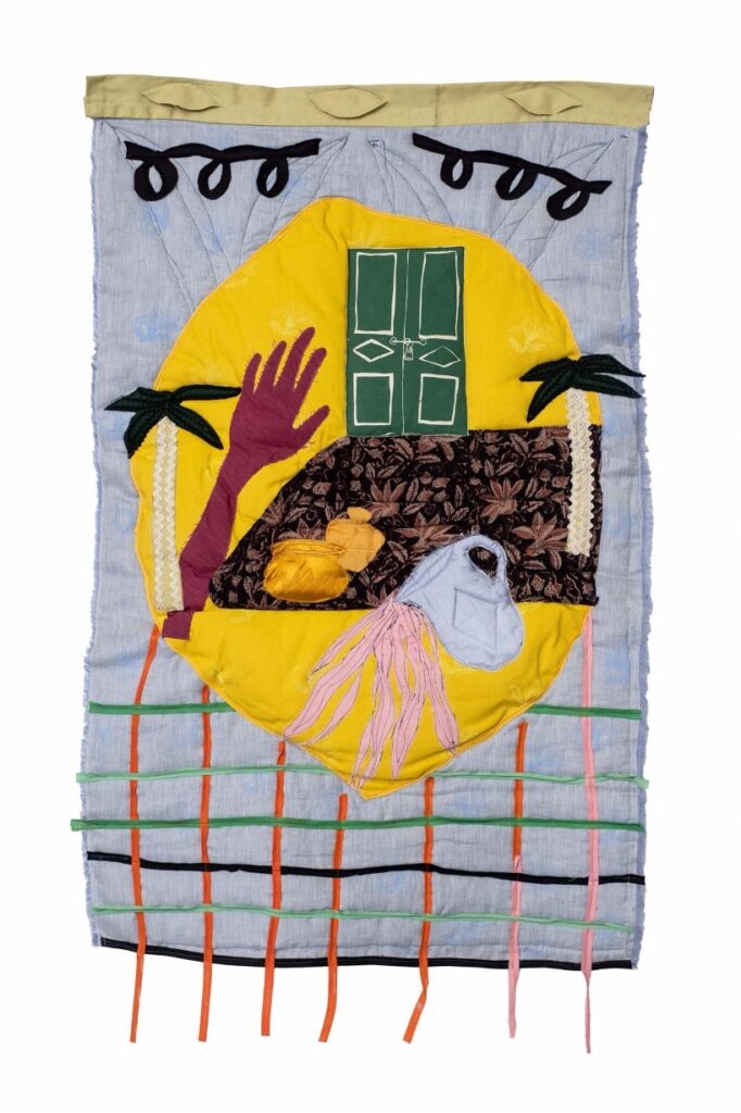 Lemon Life, acrylic, paper, felt, polyester, silk, stitching on fabric, 28 x 48 inches, 2018.