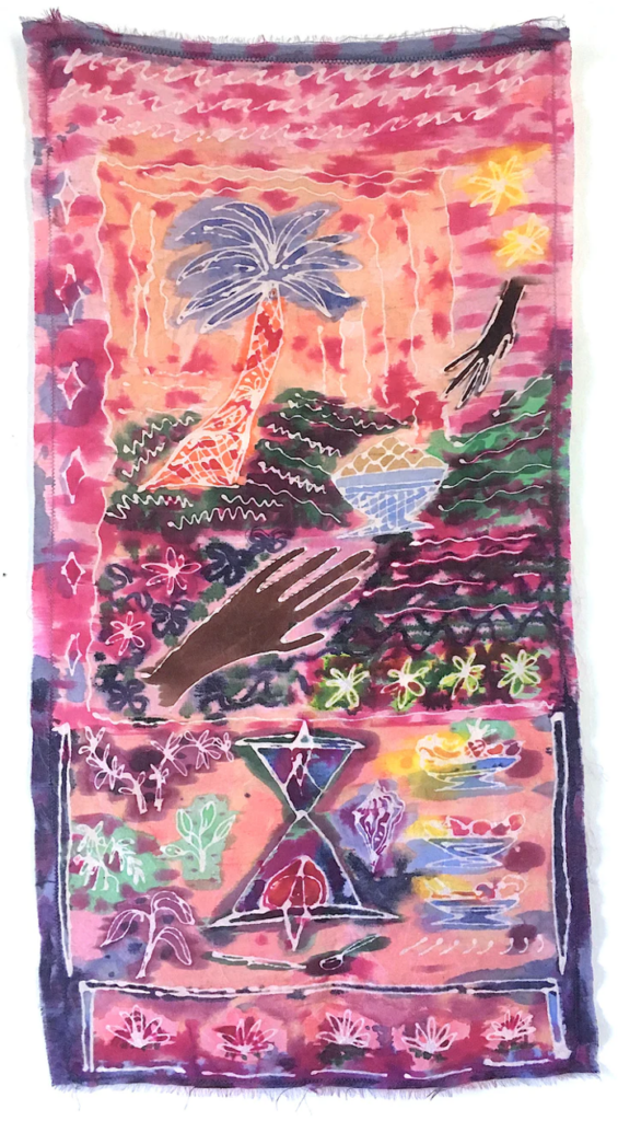 Shallow time in (a) favorable circumstance, dye on washed silk, 24 x 12 inches, 2019.