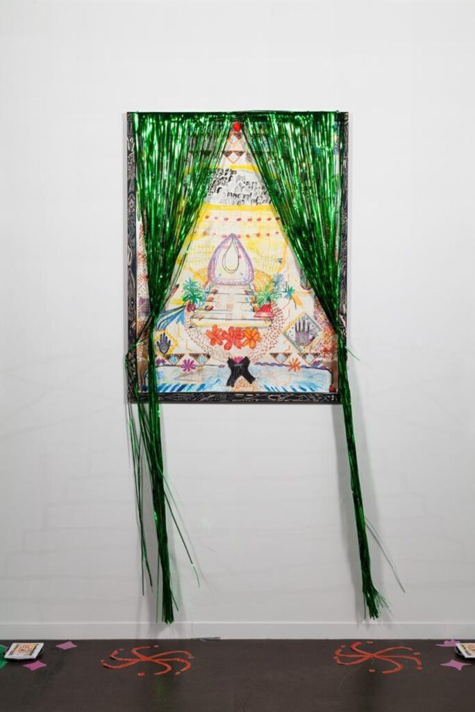 There is No Salvation without a Guru, There is no Heir without a Woman, silkscreen monotype with acrylic, pompoms, party fringe, and carved wood, approx. 40 x 82 inches, 2015