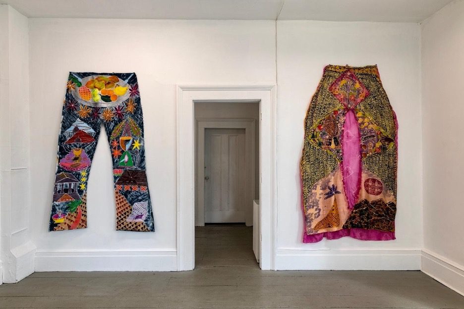 American Dream Jeans Too, resist, dye, polyester, and stitching on fabric, 78 x 48 inches, 2018.